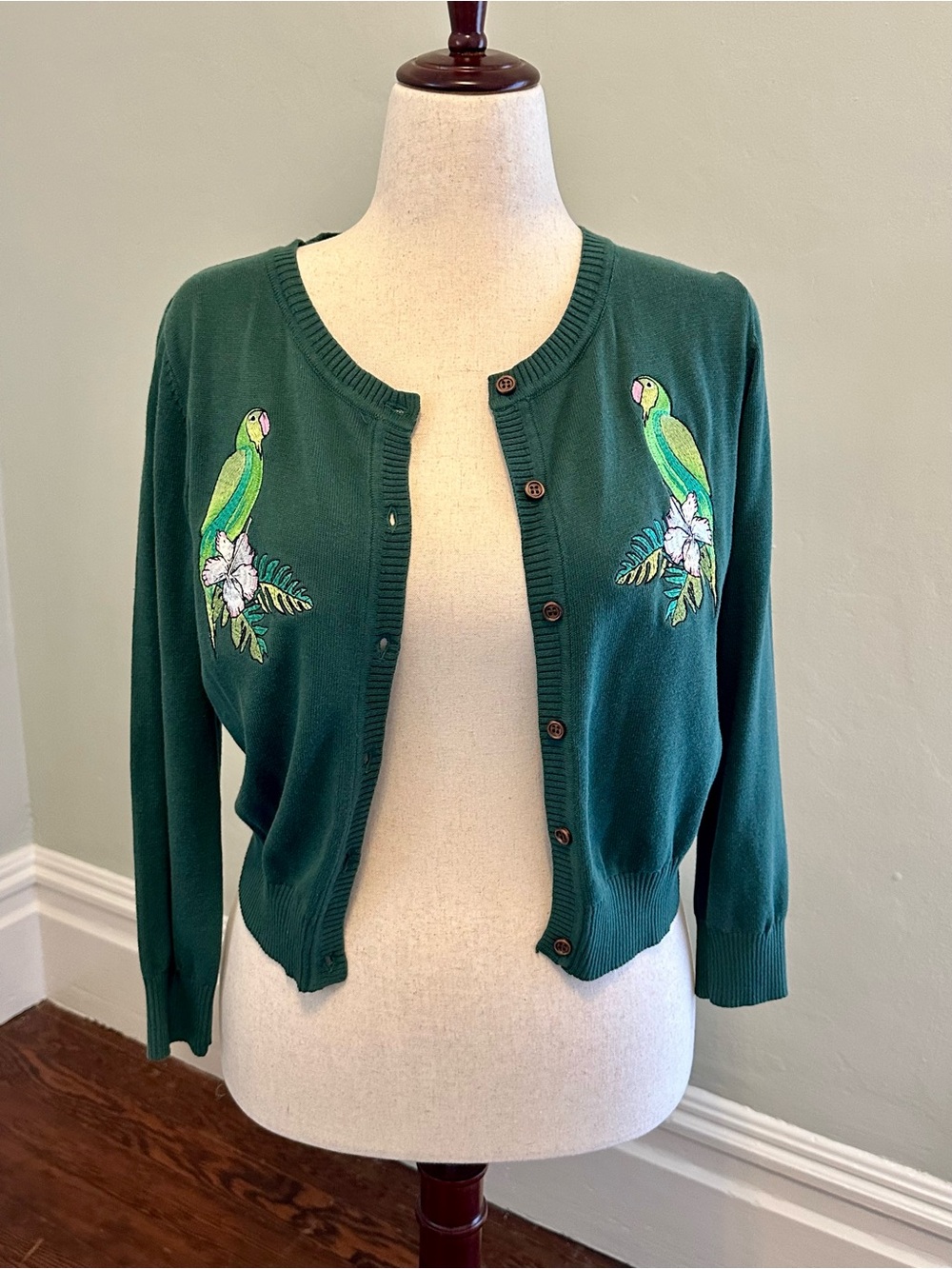 Collectif Forest Green Parrot Embroidered Cardigan